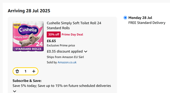 Screenshot showing Cushelle Simply Soft Toilet Roll 24 Standard Rolls for £6.65 at Amazon