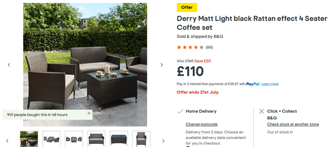 Screenshot showing Derry Matt Light Black Rattan Effect 4 Seater Garden Coffee Set for £110 at B&Q