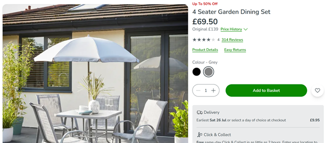 Screenshot showing 4 Seater Garden Dining Set Grey for £69.50 at Dunelm