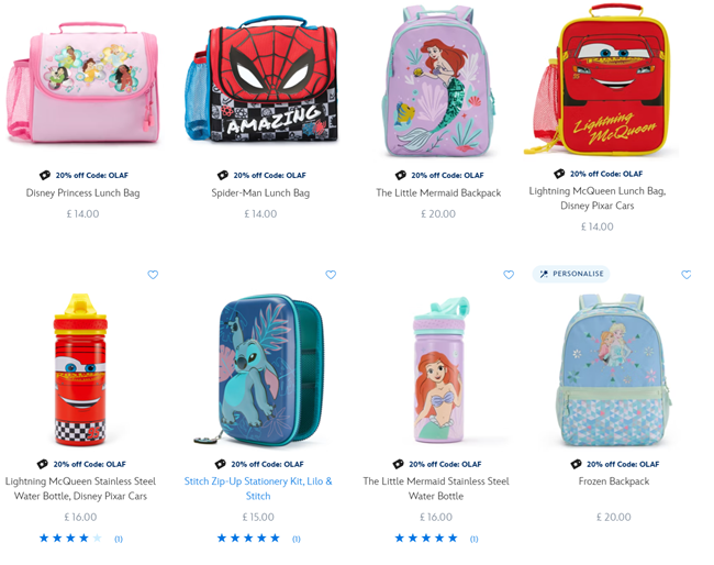 Screenshot showing Back To School items at Disney Store