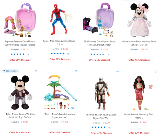 Screenshot showing reduced toys at Disney Store