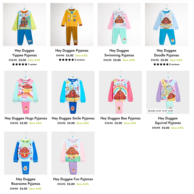 Screenshot showing Hey Duggee Pyjamas for £5 at You Know Who's