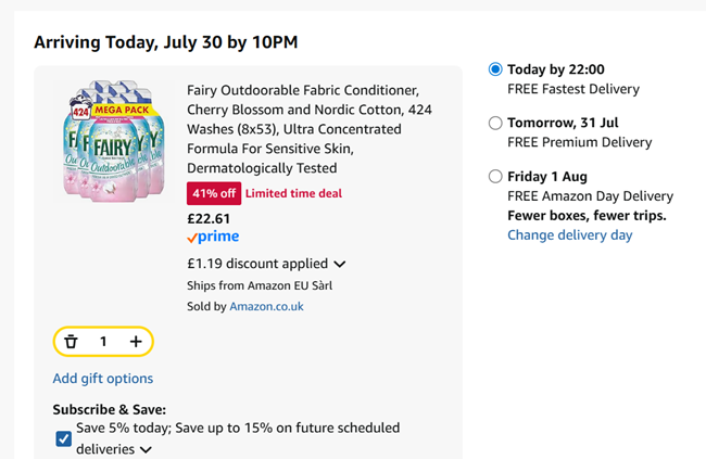 Screenshot showing Fairy Outdoorable Fabric Conditioner, Cherry Blossom & Nordic Cotton, 424 Washes (8x53) for £22.61 at Amazon