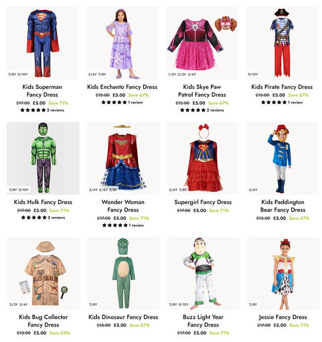 Screenshot showing Kids Fancy Dress Costumes for £5 at You Know Who's