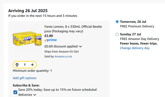 Screenshot showing Fanta Lemon 8 x 330ml Cans for £2.80 at Amazon