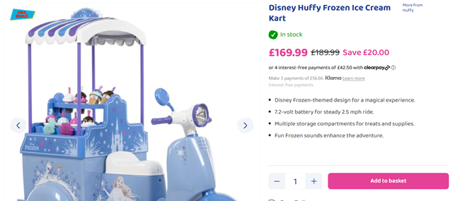 Screenshot showing Disney Frozen Ice Cream Cart Motorized Battery Ride-On for £169.99 at Bargain Max