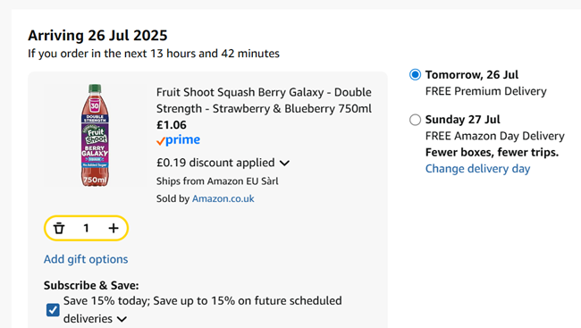 Screenshot showing Fruit Shoot Squash Berry Galaxy 750ml for £1.06 at Amazon