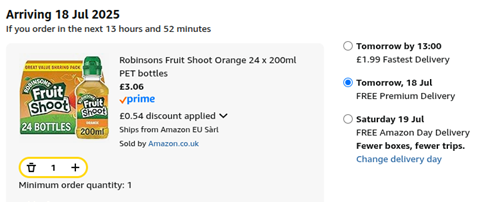Screenshot showing Robinsons Fruit Shoot Orange 24 x 200ml for £3.06 at Amazon
