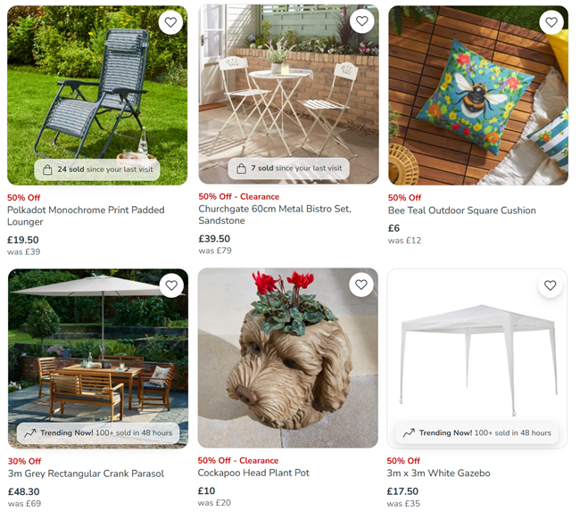 Screenshot showing Garden Clearance at Dunelm