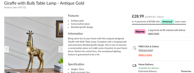 Screenshot showing Giraffe with Bulb Table Lamp Antique Gold for £28.99 at The Range