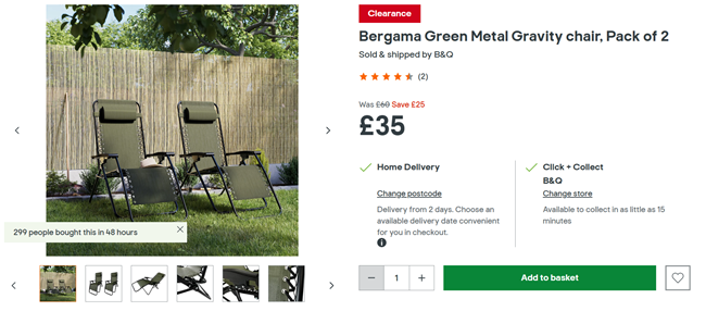 Screenshot showing Bergama Green Metal Gravity Chair, Pack of 2 for £35 at B&Q