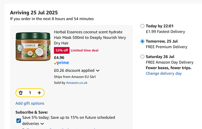 Screenshot showing Herbal Essences Coconut Scent Hydrate Hair Mask 500ml for £4.96 at Amazon