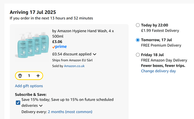 by Amazon Hygiene or Anti-Odour Hand Wash, 4 x 500ml £3.06 @ Amazon