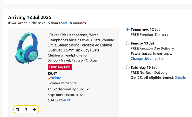 Screenshot showing iClever Kids Wired Headphones for £6.47 at Amazon / TSMART