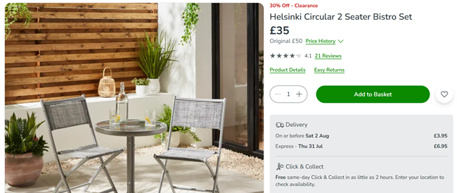 Screenshot showing Helsinki Circular 2 Seater Bistro Set for £35 at Dunelm
