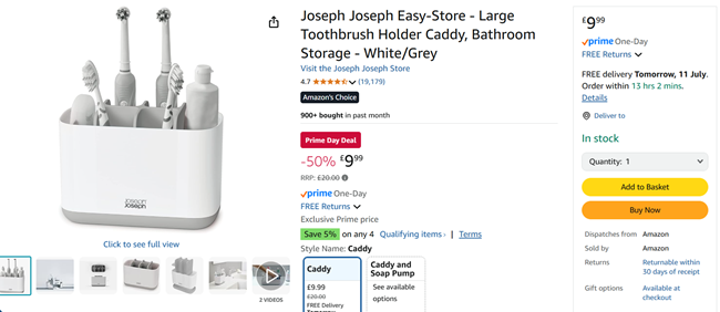 Screenshot showing Joseph Joseph Easy-Store Large Toothbrush Holder Caddy for £9.99 at Amazon