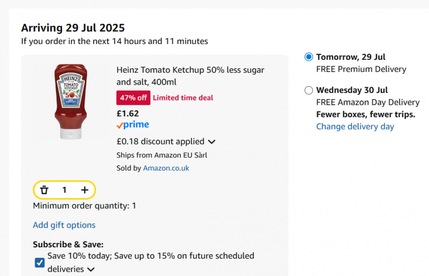 Screenshot showing Heinz Tomato Ketchup 50% less sugar and salt, 400ml for £1.62 at Amazon