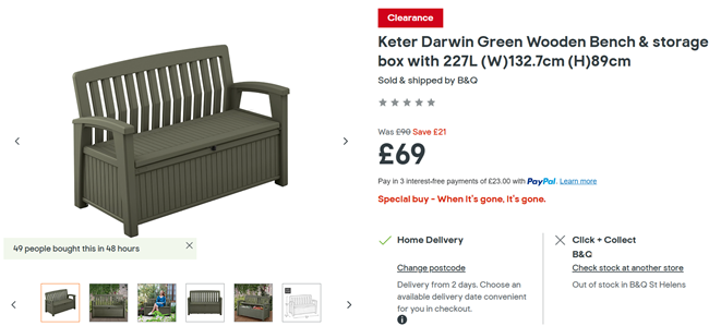 Screenshot showing Keter Darwin Green Wooden Bench & Storage Box for £69 at B&Q