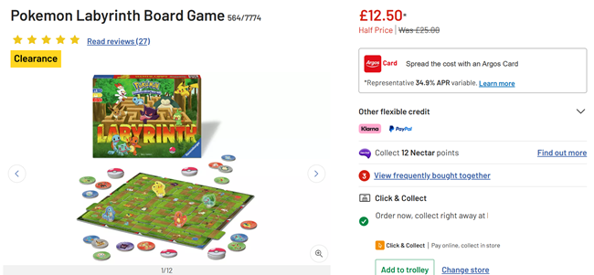 Screenshot showing Pokemon Labyrinth Board Game for £12.50 at Argos