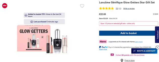 Screenshot showing Lancôme Génifique Glow Getters Star Gift Set for £22 at Boots