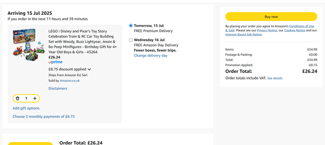 Screenshot showing LEGO Disney and Pixar’s Toy Story Celebration Train & RC Car for £26.24 at Amazon