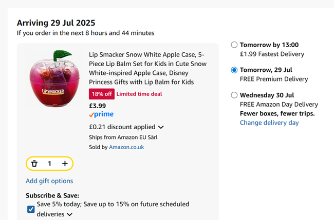 Screenshot showing Lip Smacker Snow White Apple Case, 5-Piece Lip Balm Set for £3.99 at Amazon