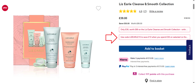 Screenshot showing Liz Earle Cleanse & Smooth Collection at Boots