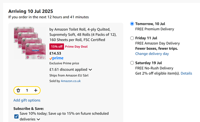 Screenshot showing by Amazon Toilet Roll, 4-ply Quilted, 48 Rolls for £14.53 at Amazon