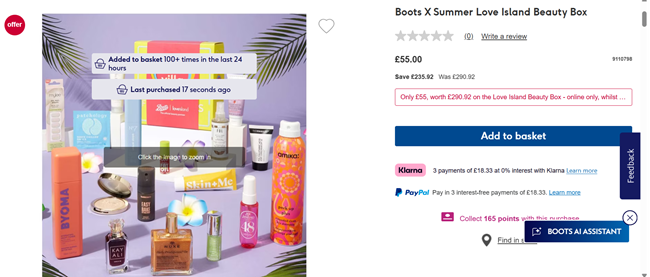 Screenshot showing Boots X Summer Love Island Beauty Box for £55 at Boots