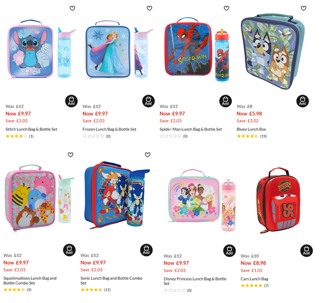 Screenshot showing reduced Kids Lunch Bags at Asda George