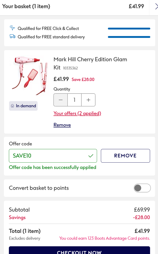 Screenshot showing Mark Hill Cherry Edition Glam Kit for £41.99 with code at Boots