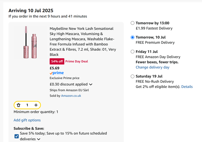 Screenshot showing Maybelline New York Lash Sensational Sky High Mascara for £5.69 at Amazon