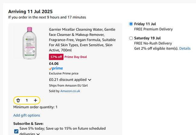 Screenshot showing Garnier Micellar Cleansing Water 700ml for £4.06 at Amazon