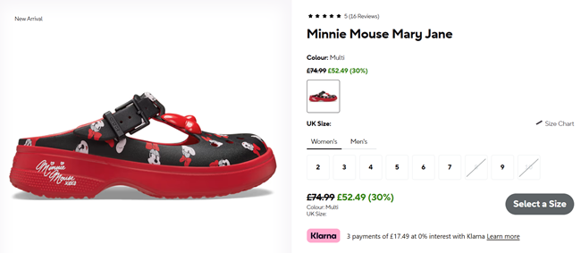 Screenshot showing Minnie Mouse Mary Jane Crocs for £52.49 at Crocs