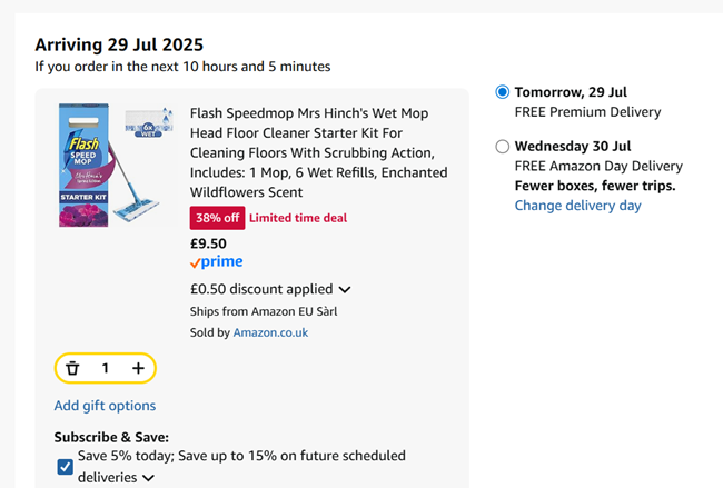 Screenshot showing Flash Speedmop Mrs Hinch's Wet Mop Head Floor Cleaner Starter Kit for £9.50 at Amazon