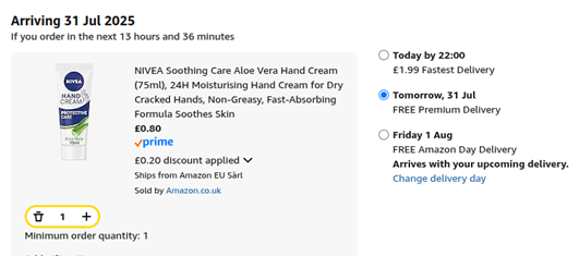 Screenshot showing Nivea Soothing Care Aloe Vera Hand Cream (75ml) for 80p at Amazon