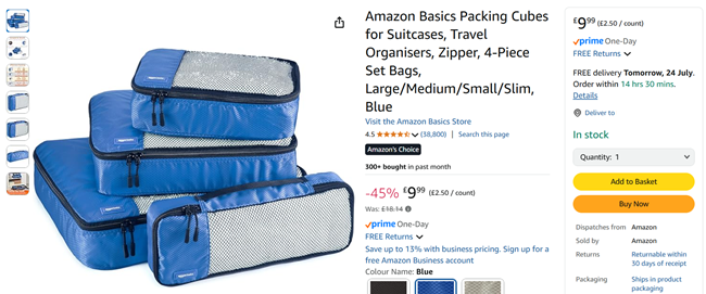 Screenshot showing Amazon Basics Packing Cubes 4-Piece Set for £9.99 at Amazon