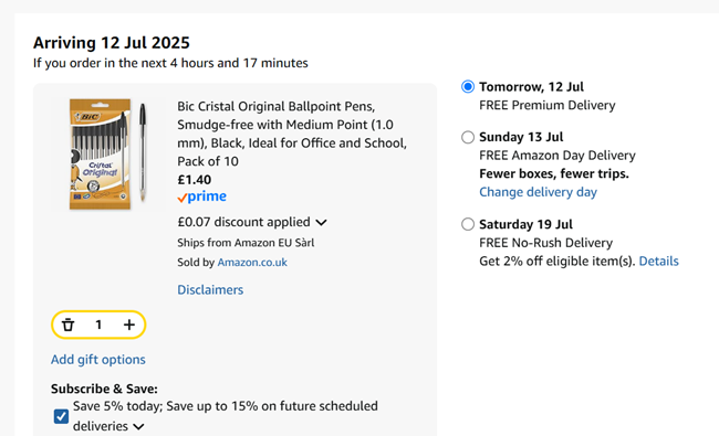 Screenshot showing Bic Cristal Original Ballpoint Pens Medium Point Black Pack of 10 for £1.40 at Amazon