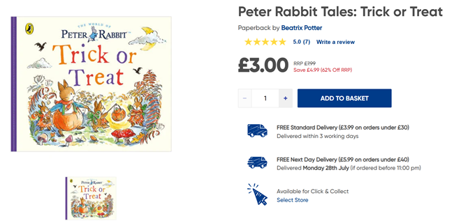 Screenshot showing Peter Rabbit Tales: Trick or Treat Book for £3 at The Works