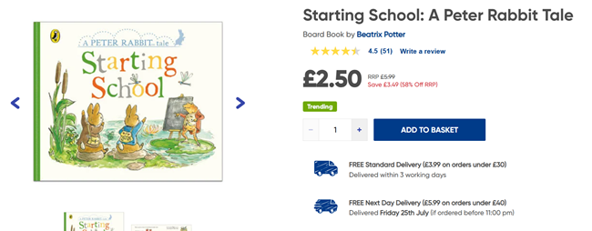 Screenshot showing Starting School: A Peter Rabbit Tale Book for £2.50 at The Works