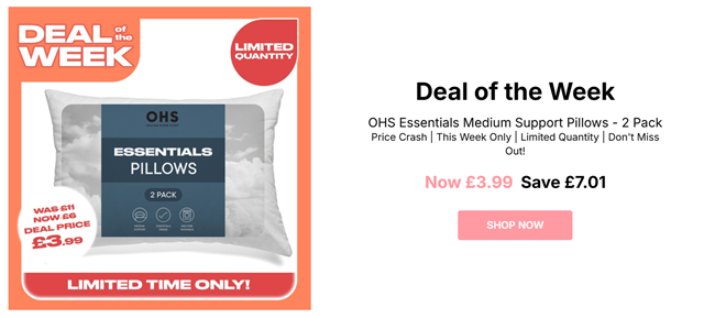 Screenshot showing Deal Of The Week: Essentials Medium Support Pillows 2 Pack for £3.99 at Online Home Shop