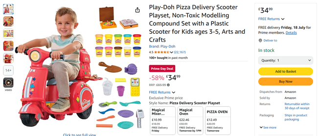 Screenshot showing Play-Doh Pizza Delivery Scooter Playset for £34.99 at Amazon