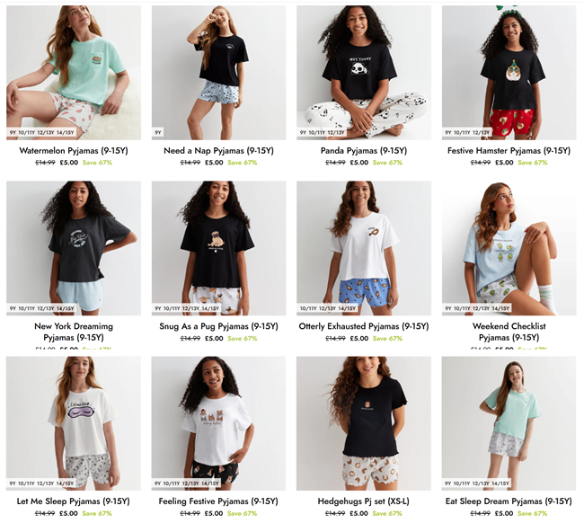 Screenshot showing Kids & Teens Pyjamas for £5 at You Know Who's