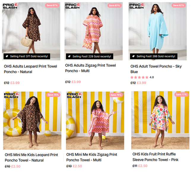 Screenshot showing Poncho Towels at Online Home Shop