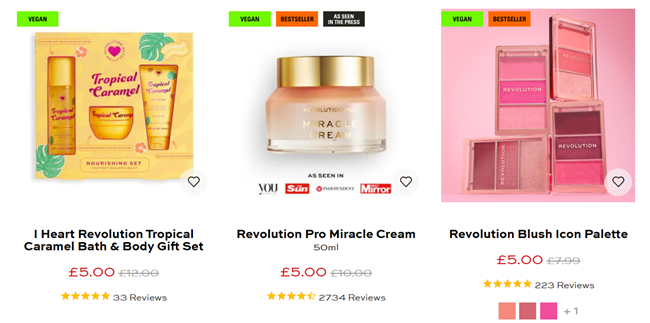 Screenshot showing £5 Friday items at Revolution Beauty
