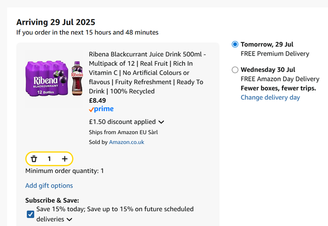 Screenshot showing Ribena Blackcurrant Juice Drink 500ml, Multipack of 12 for £8.49 at Amazon