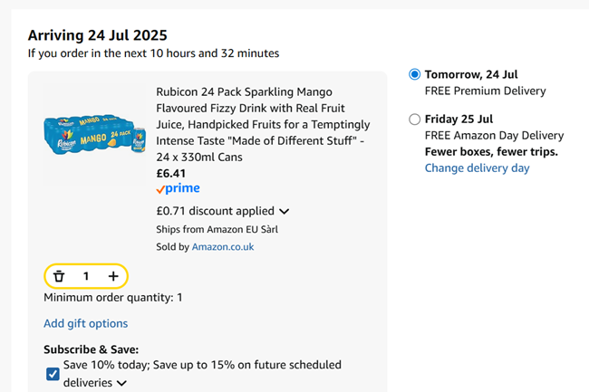 Screenshot showing Rubicon Sparkling Mango 24 x 330ml Cans for £6.41 at Amazon
