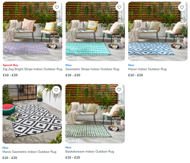 Screenshot showing Indoor Outdoor Rugs from £10 at Dunelm