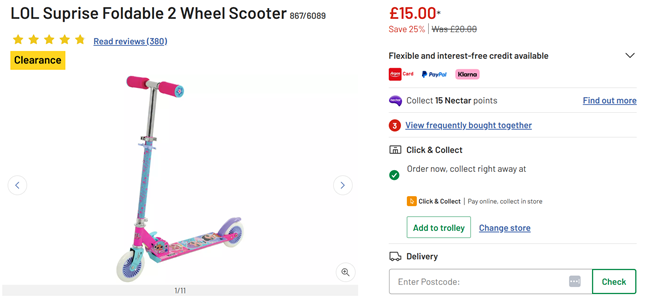 Screenshot showing LOL Surprise Foldable 2 Wheel Scooter for £15 at Argos