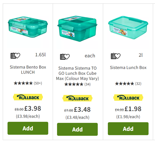 Screenshot showing Sistema Lunch Boxes at Asda